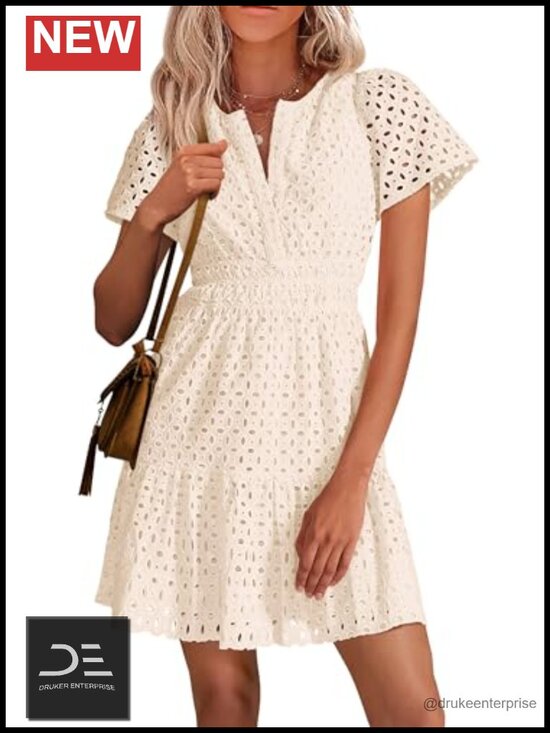 Dresses & Skirts - V Neck Short Sleeve A Line Hollow Out Lace Cute Casual Beach Dress